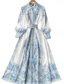 Women's Midi Dress Boho Dress Fashion Holiday Going out Weekend Regular Fit Flower Long Sleeve Shirt Collar Black Blue Apricot Summer