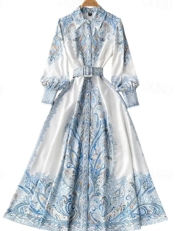 Women's Midi Dress Boho Dress Fashion Holiday Going out Weekend Regular Fit Flower Long Sleeve Shirt Collar Black Blue Apricot Summer