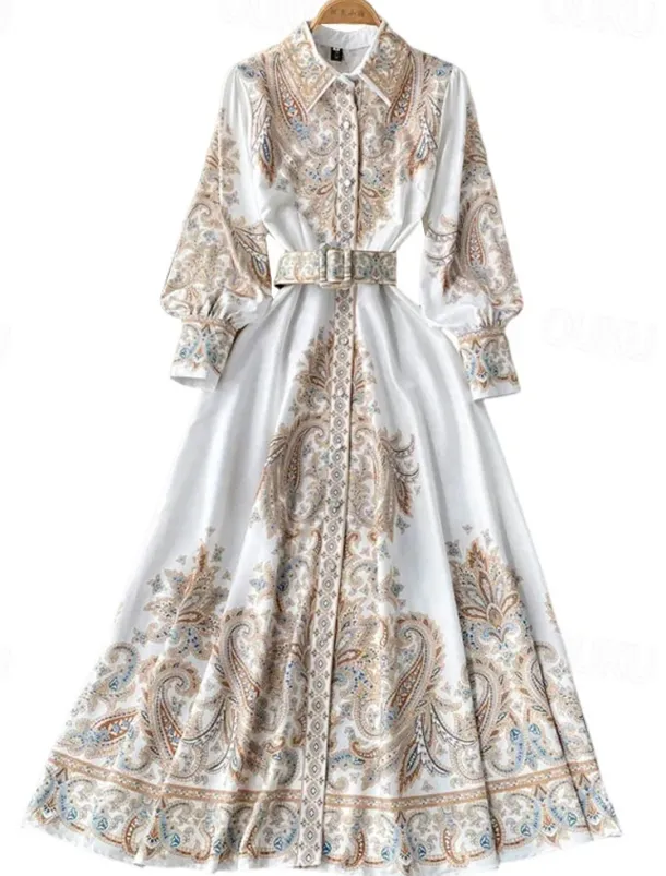 Women's Midi Dress Boho Dress Fashion Holiday Going out Weekend Regular Fit Flower Long Sleeve Shirt Collar Black Blue Apricot Summer