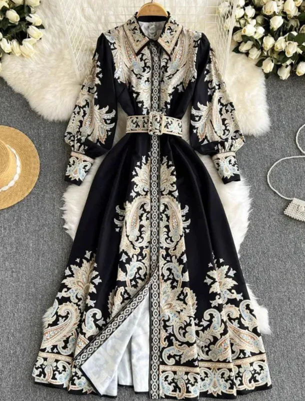 Women's Midi Dress Boho Dress Fashion Holiday Going out Weekend Regular Fit Flower Long Sleeve Shirt Collar Black Blue Apricot Summer