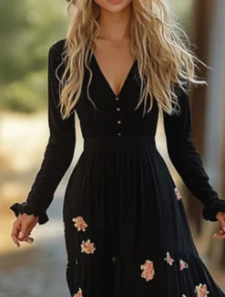 Women's Midi Dress Boho Dress Print Dress Western Dress Fashion Outdoor Vacation Weekend Regular Fit Plain Long Sleeve V Neck Black Summer