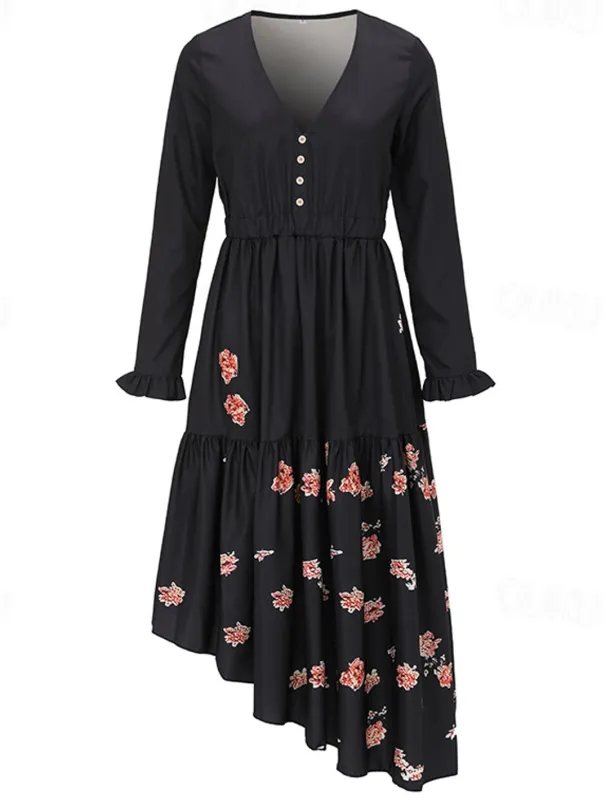 Women's Midi Dress Boho Dress Print Dress Western Dress Fashion Outdoor Vacation Weekend Regular Fit Plain Long Sleeve V Neck Black Summer