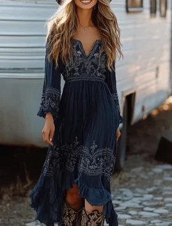 Women's Midi Dress Boho Dress Western Dress Fashion Classic Holiday Going out Weekend Regular Fit Flower Long Sleeve V Neck Dark Blue Summer