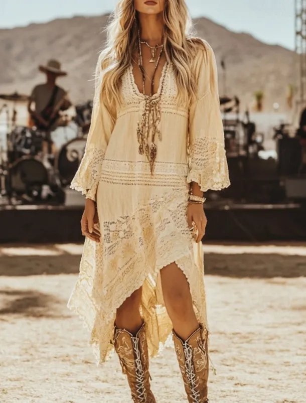 Women's Midi Dress Boho Dress Western Dress Fashion Outdoor Vacation Holiday Regular Fit Plain Long Sleeve V Neck Apricot Summer