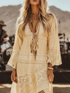 Women's Midi Dress Boho Dress Western Dress Fashion Outdoor Vacation Holiday Regular Fit Plain Long Sleeve V Neck Apricot Summer