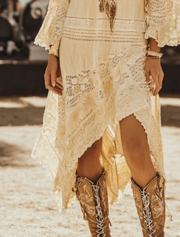 Women's Midi Dress Boho Dress Western Dress Fashion Outdoor Vacation Holiday Regular Fit Plain Long Sleeve V Neck Apricot Summer