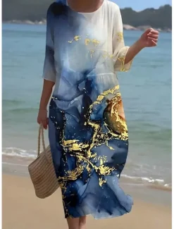 Women's Midi Dress Boho Neck Crew 3/4 Length SleeveBlue Shift Dress A Line Dress Casual Daily Date Loose Fit Floral Graphic