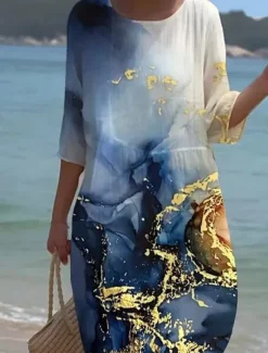 Women's Midi Dress Boho Neck Crew 3/4 Length SleeveBlue Shift Dress A Line Dress Casual Daily Date Loose Fit Floral Graphic