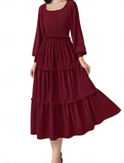 Women's Midi Dress Boho Wedding Guest Dress Elegant Bohemia Stylish Loose Fit Long Sleeve Square Neck Black Pink Wine Navy Blue Spring Fall Winter