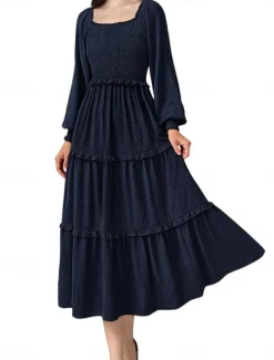 Women's Midi Dress Boho Wedding Guest Dress Elegant Bohemia Stylish Loose Fit Long Sleeve Square Neck Black Pink Wine Navy Blue Spring Fall Winter