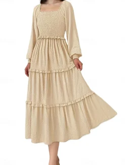 Women's Midi Dress Boho Wedding Guest Dress Elegant Bohemia Stylish Loose Fit Long Sleeve Square Neck Black Pink Wine Navy Blue Spring Fall Winter