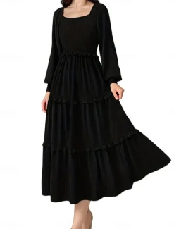 Women's Midi Dress Boho Wedding Guest Dress Elegant Bohemia Stylish Loose Fit Long Sleeve Square Neck Black Pink Wine Navy Blue Spring Fall Winter