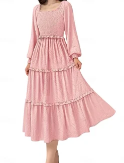 Women's Midi Dress Boho Wedding Guest Dress Elegant Bohemia Stylish Loose Fit Long Sleeve Square Neck Black Pink Wine Navy Blue Spring Fall Winter