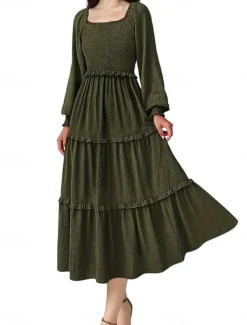 Women's Midi Dress Boho Wedding Guest Dress Elegant Bohemia Stylish Loose Fit Long Sleeve Square Neck Black Pink Wine Navy Blue Spring Fall Winter