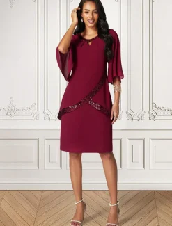 Women's Midi Dress Burgundy with Asymmetric Sequin Overlay Round Neckline V-Notch Detail Three-Quarter Length Split Sleeves Non-Stretch Elegant Evening Cocktail Party Knee-Length Various Sizes