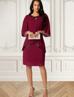 Women's Midi Dress Burgundy with Asymmetric Sequin Overlay Round Neckline V-Notch Detail Three-Quarter Length Split Sleeves Non-Stretch Elegant Evening Cocktail Party Knee-Length Various Sizes
