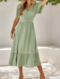 Women's Midi Dress Casual Dress Swing Dress A Line Dress Stylish Basic Casual Vacation Daily Regular Fit Plain Short Sleeve V Neck Light Green Red Summer Spring