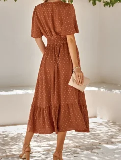 Women's Midi Dress Casual Dress Swing Dress A Line Dress Stylish Basic Casual Vacation Daily Regular Fit Plain Short Sleeve V Neck Light Green Red Summer Spring