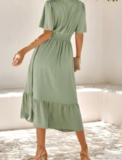 Women's Midi Dress Casual Dress Swing Dress A Line Dress Stylish Basic Casual Vacation Daily Regular Fit Plain Short Sleeve V Neck Light Green Red Summer Spring