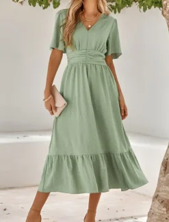 Women's Midi Dress Casual Dress Swing Dress A Line Dress Stylish Basic Casual Vacation Daily Regular Fit Plain Short Sleeve V Neck Light Green Red Summer Spring