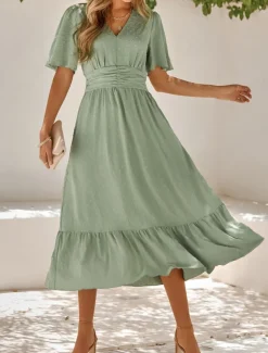 Women's Midi Dress Casual Dress Swing Dress A Line Dress Stylish Basic Casual Vacation Daily Regular Fit Plain Short Sleeve V Neck Light Green Red Summer Spring
