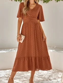 Women's Midi Dress Casual Dress Swing Dress A Line Dress Stylish Basic Casual Vacation Daily Regular Fit Plain Short Sleeve V Neck Light Green Red Summer Spring