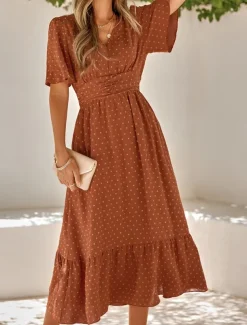 Women's Midi Dress Casual Dress Swing Dress A Line Dress Stylish Basic Casual Vacation Daily Regular Fit Plain Short Sleeve V Neck Light Green Red Summer Spring