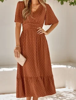 Women's Midi Dress Casual Dress Swing Dress A Line Dress Stylish Basic Casual Vacation Daily Regular Fit Plain Short Sleeve V Neck Light Green Red Summer Spring