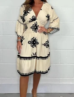 Women's Midi Dress Casual Dress Boho Chic Dresses Boho Dress Bohemia Casual Boho Vacation Daily Beach Loose Fit Graphic Long Sleeve V Neck Black Red Green Apricot Summer Spring