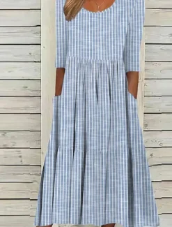 Women's Midi Dress Casual Dress A Line Dress Elegant Stylish Casual Vacation Daily Loose Fit Stripe Short Sleeve Crew Neck Gray Light Blue Summer Spring