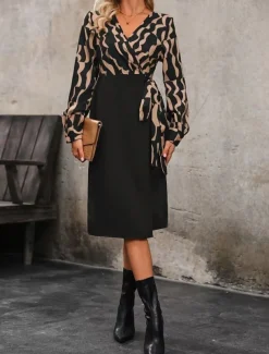 Women's Midi Dress Casual Dress Wrap Dress A Line Dress Stylish Casual Vacation Daily Regular Fit Color Block Long Sleeve V Neck Black Spring Fall
