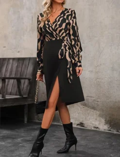 Women's Midi Dress Casual Dress Wrap Dress A Line Dress Stylish Casual Vacation Daily Regular Fit Color Block Long Sleeve V Neck Black Spring Fall
