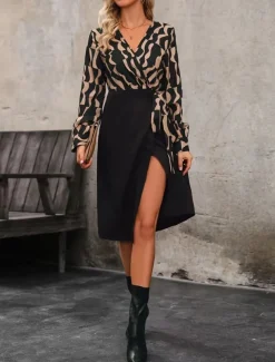 Women's Midi Dress Casual Dress Wrap Dress A Line Dress Stylish Casual Vacation Daily Regular Fit Color Block Long Sleeve V Neck Black Spring Fall