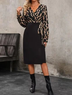Women's Midi Dress Casual Dress Wrap Dress A Line Dress Stylish Casual Vacation Daily Regular Fit Color Block Long Sleeve V Neck Black Spring Fall