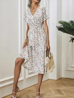 Women's Midi Dress Casual Dress A Line Dress Stylish Casual Vacation Daily Regular Fit Floral Short Sleeve V Neck White Pink Summer