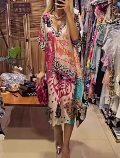 Women's Midi Dress Casual Dress A Line Dress Stylish Casual Vacation Daily Loose Fit Heart Floral Leopard Short Sleeve V Neck Pink Blue Green Summer