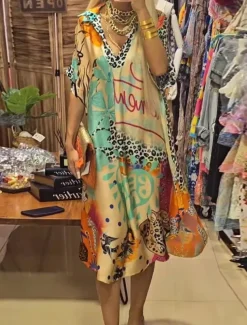 Women's Midi Dress Casual Dress A Line Dress Stylish Casual Vacation Daily Loose Fit Heart Floral Leopard Short Sleeve V Neck Pink Blue Green Summer