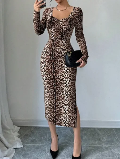 Women's Midi Dress Casual Dress Print Dress Fashion Classic Modern Outdoor Vacation Holiday Regular Fit Leopard Long Sleeve V Neck Brown Summer Spring