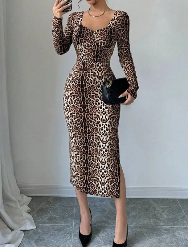 Women's Midi Dress Casual Dress Print Dress Fashion Classic Modern Outdoor Vacation Holiday Regular Fit Leopard Long Sleeve V Neck Brown Summer Spring