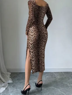Women's Midi Dress Casual Dress Print Dress Fashion Classic Modern Outdoor Vacation Holiday Regular Fit Leopard Long Sleeve V Neck Brown Summer Spring