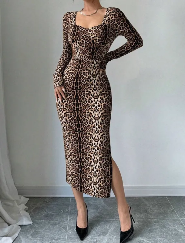 Women's Midi Dress Casual Dress Print Dress Fashion Classic Modern Outdoor Vacation Holiday Regular Fit Leopard Long Sleeve V Neck Brown Summer Spring