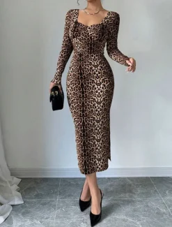 Women's Midi Dress Casual Dress Print Dress Fashion Classic Modern Outdoor Vacation Holiday Regular Fit Leopard Long Sleeve V Neck Brown Summer Spring
