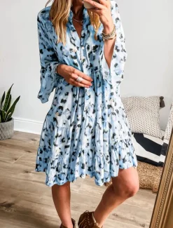 Women's Midi Dress Casual Dress A Line Dress Stylish Casual Vacation Daily Regular Fit Leopard Long Sleeve V Neck Pink Blue Apricot Summer