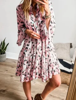 Women's Midi Dress Casual Dress A Line Dress Stylish Casual Vacation Daily Regular Fit Leopard Long Sleeve V Neck Pink Blue Apricot Summer