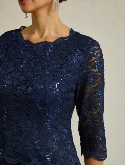 Women's Midi Dress Chiffon Dress Elegant Party Birthday Regular Fit Solid Color 3/4 Length Sleeve Crew Neck Navy Blue Summer Spring Fall