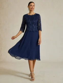 Women's Midi Dress Chiffon Dress Elegant Party Birthday Regular Fit Solid Color 3/4 Length Sleeve Crew Neck Navy Blue Summer Spring Fall