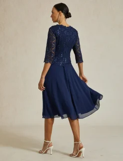Women's Midi Dress Chiffon Dress Elegant Party Birthday Regular Fit Solid Color 3/4 Length Sleeve Crew Neck Navy Blue Summer Spring Fall