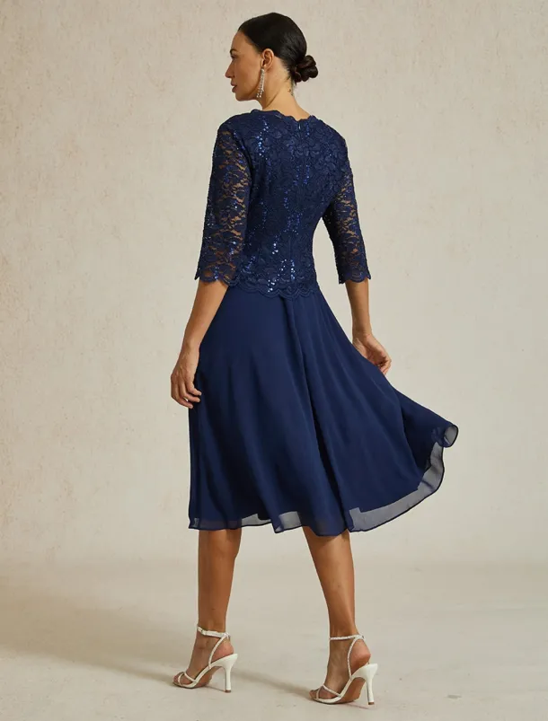 Women's Midi Dress Chiffon Dress Elegant Party Birthday Regular Fit Solid Color 3/4 Length Sleeve Crew Neck Navy Blue Summer Spring Fall