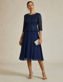 Women's Midi Dress Chiffon Dress Elegant Party Birthday Regular Fit Solid Color 3/4 Length Sleeve Crew Neck Navy Blue Summer Spring Fall