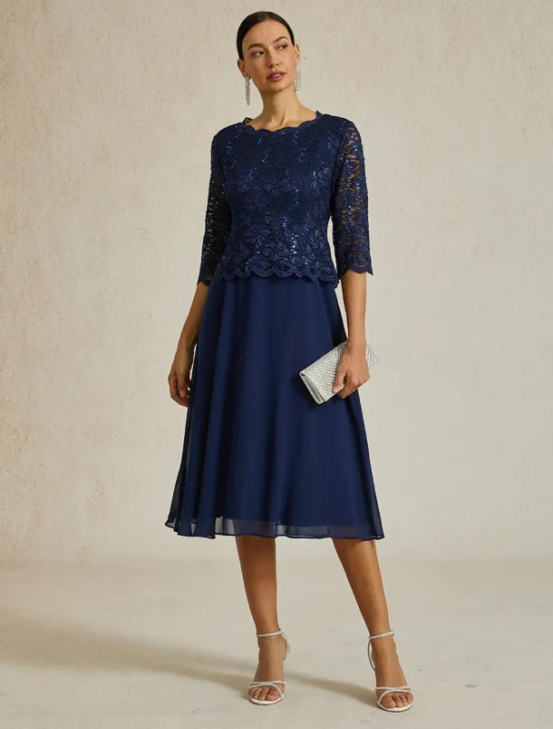 Women's Midi Dress Chiffon Dress Elegant Party Birthday Regular Fit Solid Color 3/4 Length Sleeve Crew Neck Navy Blue Summer Spring Fall